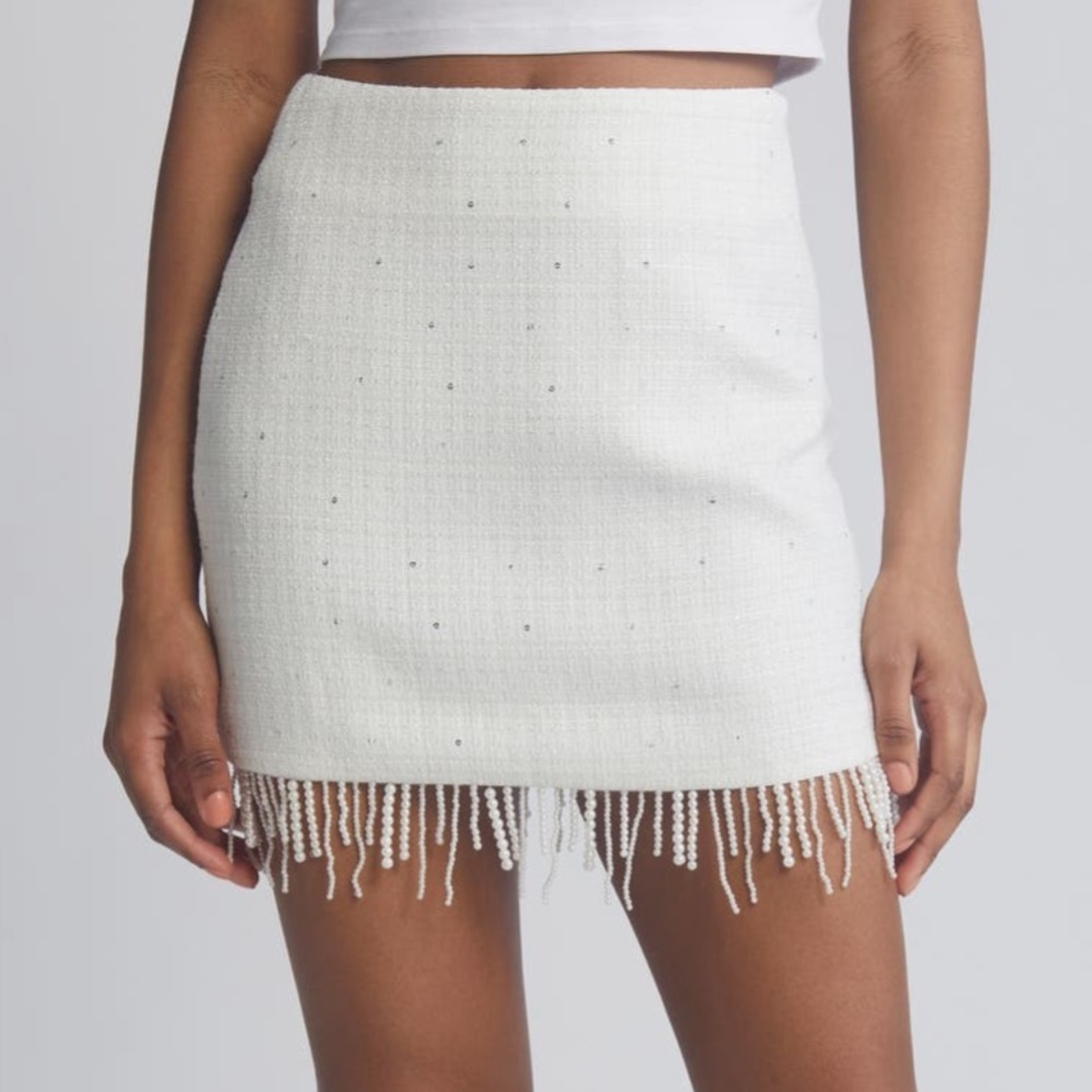 NWT ✨ Nordstrom ‘All in Favor’ White Pearl Fringe Tweed Skirt